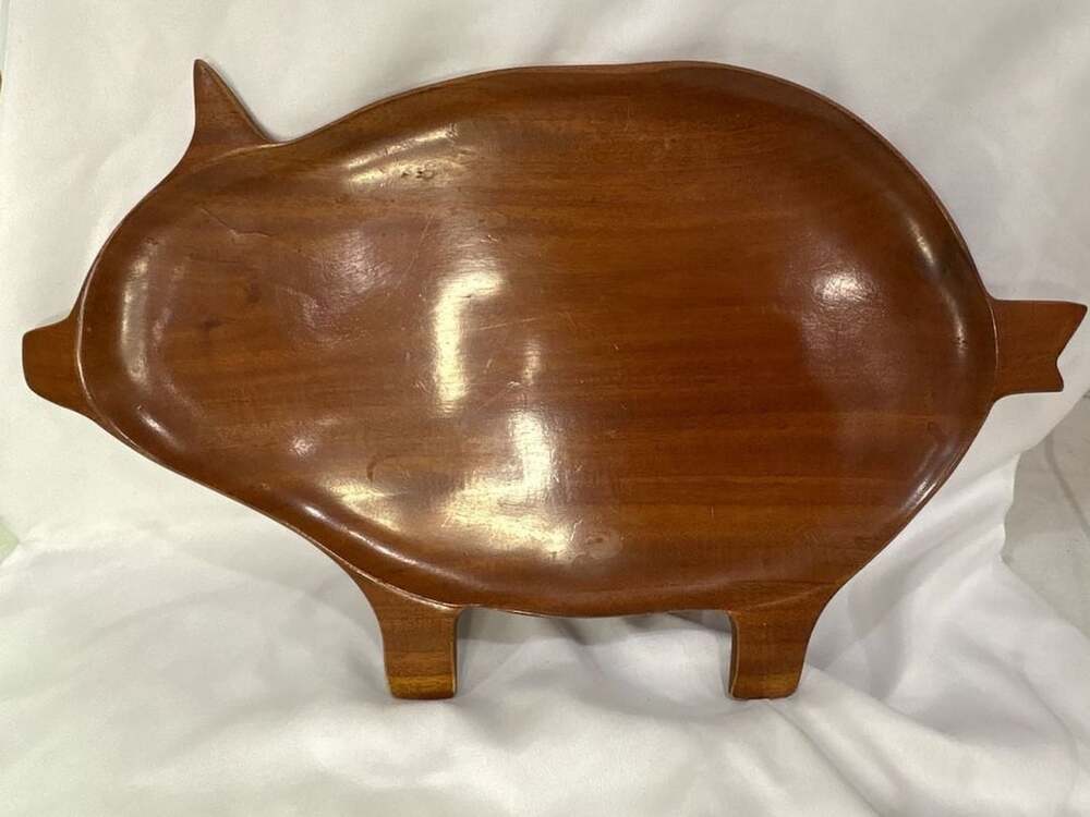 Vintage Hand Carved Wooden Pig Shaped Bowl Tray Dish